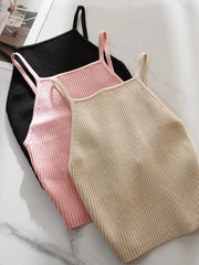Women Slim Knitted Camis Summer Fashion Ladies Vintage Blackless Tank tops Female Cute Sweet Solid Color Cropped Tops