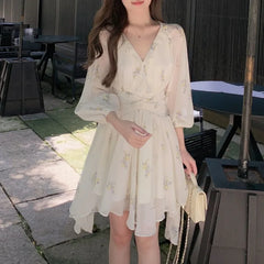 Hnewly  Print Floral Women Dresses Lantern Sleeve V Neck Ruffles Vestidos Mujer Korean Fashion Sweet Elegant Mini Dress