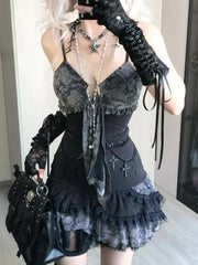 Hnewly 2025 Summer Fashion V-neck Camisole Dresses Sexy Lace Patchwork Dress for Women Y2k Grunge Slim Waist Ruched Vestidos Mujer