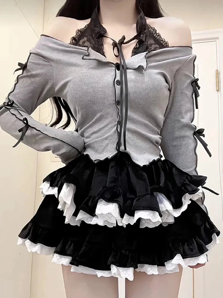Hnewly Kawaii Skirt Set Women Japanese Lolita Dress Sets Female Korean Fashion Lace Patchwork Cake Skirt Off Shoulder Tops 2 Pieces Set