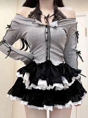 Hnewly Kawaii Skirt Set Women Japanese Lolita Dress Sets Female Korean Fashion Lace Patchwork Cake Skirt Off Shoulder Tops 2 Pieces Set