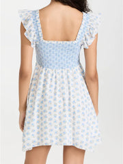Lunivop  Sexy White Blue Flower Print Ruffle Strap Mini Dress V neck Ruched Elastic Chest Corset Sleeveless Short Tank Robe Holiday Woman