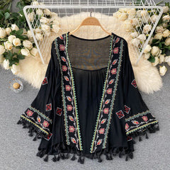 Hnewly  Bohemian Sunscreen Cardigan Jacket Summer Beach Holiday Vintage Flare Long Sleeve Embroidered Loose Tassel Shawl Femal Top