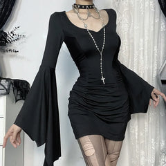 Hnewly  Goth Dark Cospaly Partywear Women Fashion Batwing Sleeve Mini Dress Elegant Slim Pleat Bodycon Dresses Mall Gothic Alt Teachwear