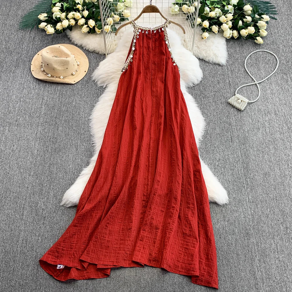 Hnewly  Bohemian Vacation Style Red Dress Design Sense Tassel Irregular Loose Dresses French Style High-end  Sleeveless Long Dress