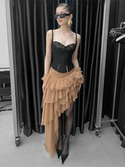 Hnewly  Cutenew Sexy Women 2 Piece Set Jacquard Patchwork Split Vest+Mesh Ruched Tierred Irregular Hem Applique Skirt Trend Chic Suits