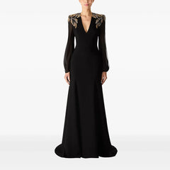 Lunivop  Black Jersey Evening Dress Crystal Long Sleeves Elegant Women's Long Dresses V-Neck Floor Length Evening Gowns
