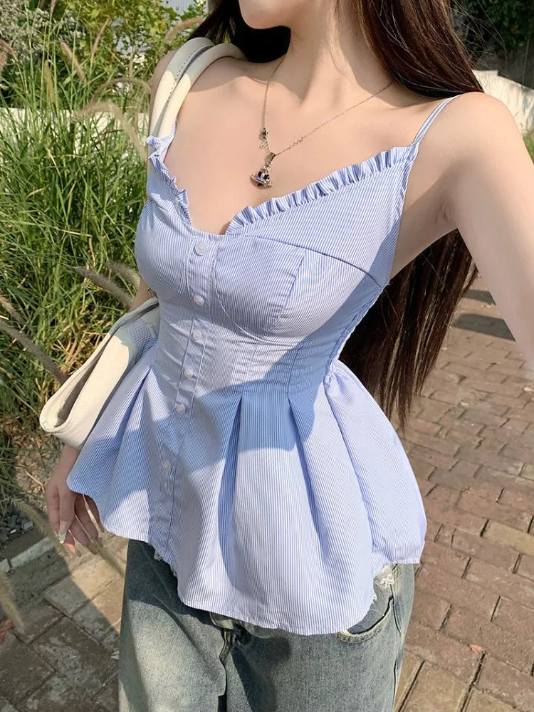 Hnewly  striped Camis Women Strapless Backless Slim Summer Fashion V Neck Ruffles Patchwork Female Crop Tank Tops Casual Party