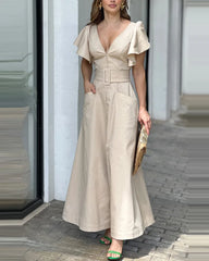 Hnewly  Fashionable High Waist Bell Bottom Long Dress Women's Street Style Deep V Casual Gown A-Line Skirt Short Sleeve Polyester