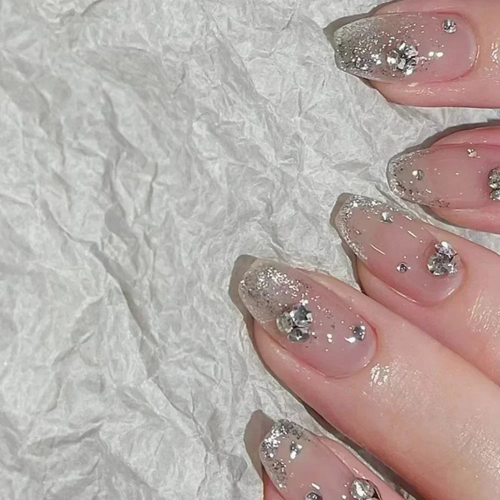 Hnewly 24pcs Detachable Short Press on Nails Y2k rhinestone False Nails with Glue Ballet Sweet Cool Girls Artificial False Nails Tips
