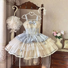 Hnewly  Japanese Sweet Lolita Kawaii JSK Dress Women Lovely Ballet Princess Cake Dresses Harajuku Lace Bow Patchwork Mini Dress
