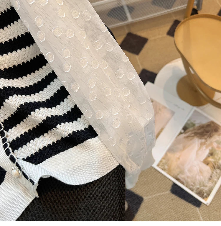 Hnewly  Striped knitted Sweater For Women's Spring Autumn French Elegant Round Neck Long Sleeved Patchwork Chiffon Loose All-Matched Top