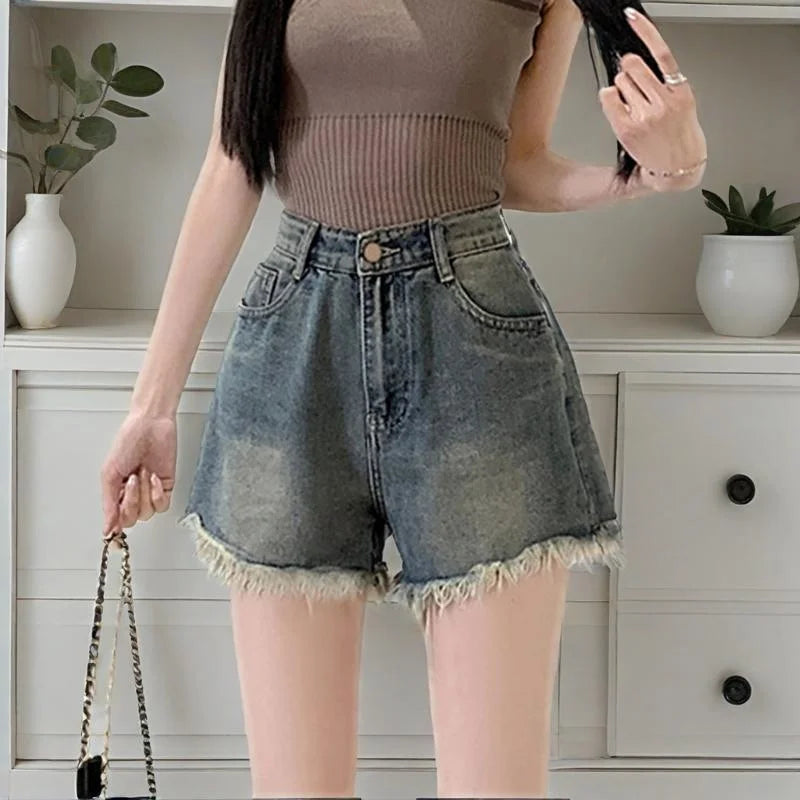 Hnewly y2k Denim Shorts Women Summer High Waist Wide Leg Loose Fit Tassel Jean Shorts with Pockets 2000s Hot Pants Streetwear