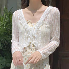 Hnewly  Women's Lace Cardigan Tie-up Ruffled Lace Trim Long Sleeve See-Through Mesh Crop Top Shrug Cardi Spring Summer Cute Outfit