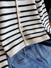 Hnewly  Women Spring Autumn Sweaters O-neck Stripe Knitted Cardigan Fashion Long Sleeve Casual Short Tops Korean Style New
