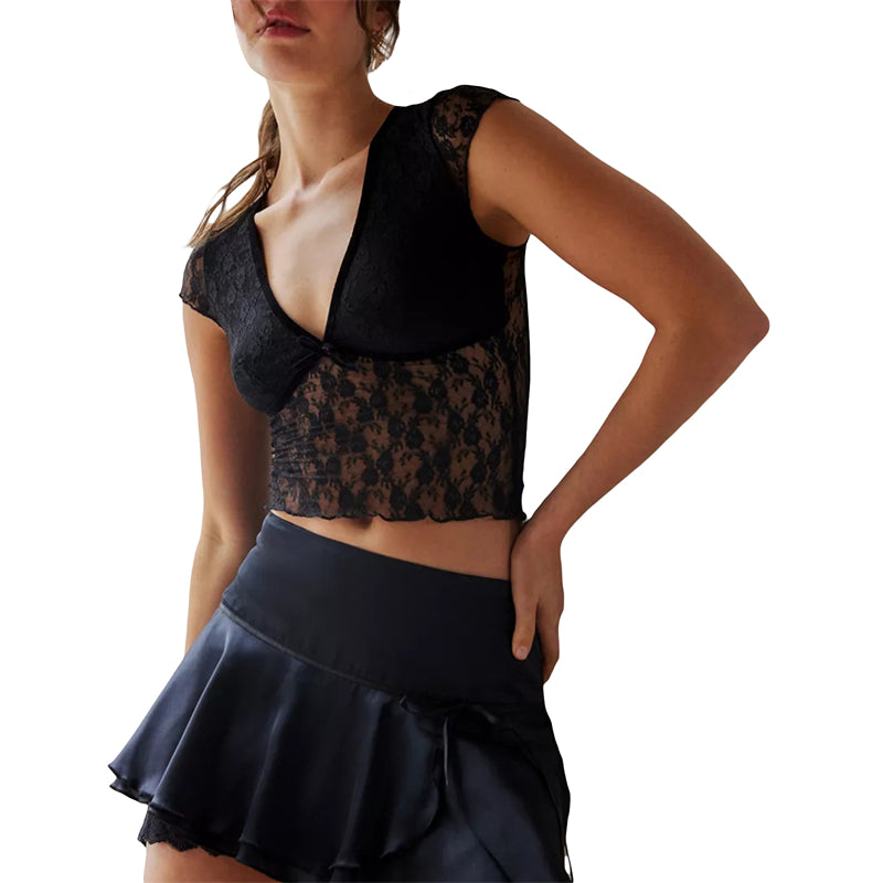 Hnewly Sheer Crop Top 2000s Women Sexy See Through V Neck Sleeveless Floral Lace Tanks Slim Fit Vest y2k Aesthetic Clothing