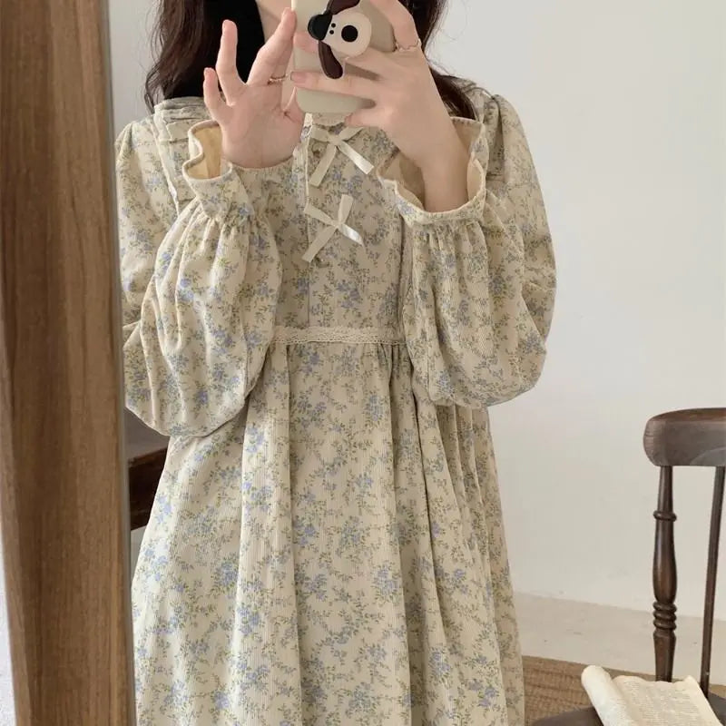 Hnewly Long Sleeve Nightgowns Women Floral Bow Temper Autumn Home Cozy Aesthetic O-neck Prairie Chic All-match Sleepwear Korean Style