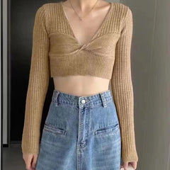 Hnewly  Rib Knit Crop Top with Keyhole Criss-Cross Front Long Sleeve V-Neck Short Sweater Pullovers Women Teen-girl Y2K 90s Outfit