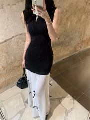 Hnewly  Sleeveless Dresses Women Bow Patchwork O Neck Vintage Mesh Summer Fashion Elegant Dress Party Female Casual Chic
