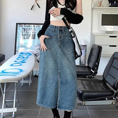 Hnewly  Retro Blue Long Denim Skirt for Women High Waist Split A-Line Mid Calf Skirts Woman Summer High Street Pocket Jeans Skirt