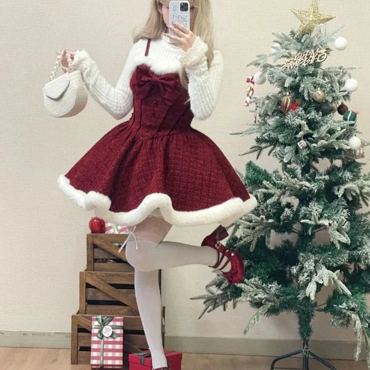 christmas suit dress Festive Christmas Outfit for Women: Red Velvet Dress with Santa Hat And Belt, Perfect for Holiday Parties Or Christmas Plays