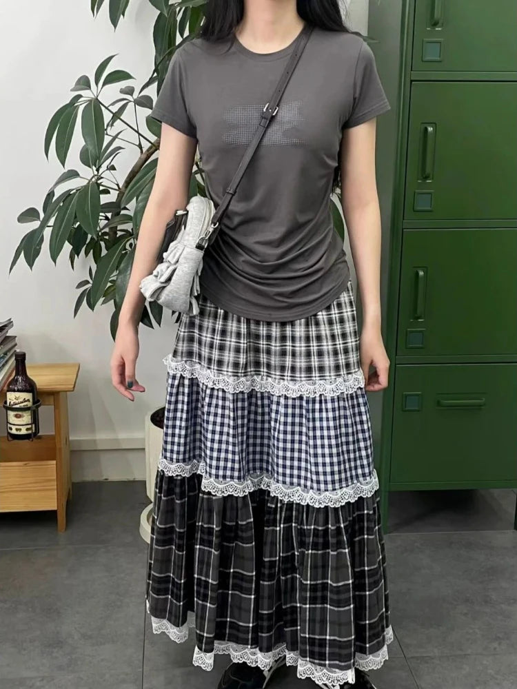 Hnewly Vintage Harajuku Lace Plaid Skirt Women Preppy Style Long Skirts Autumn Winter Streetwear Retro A-line Ruffle Skirts