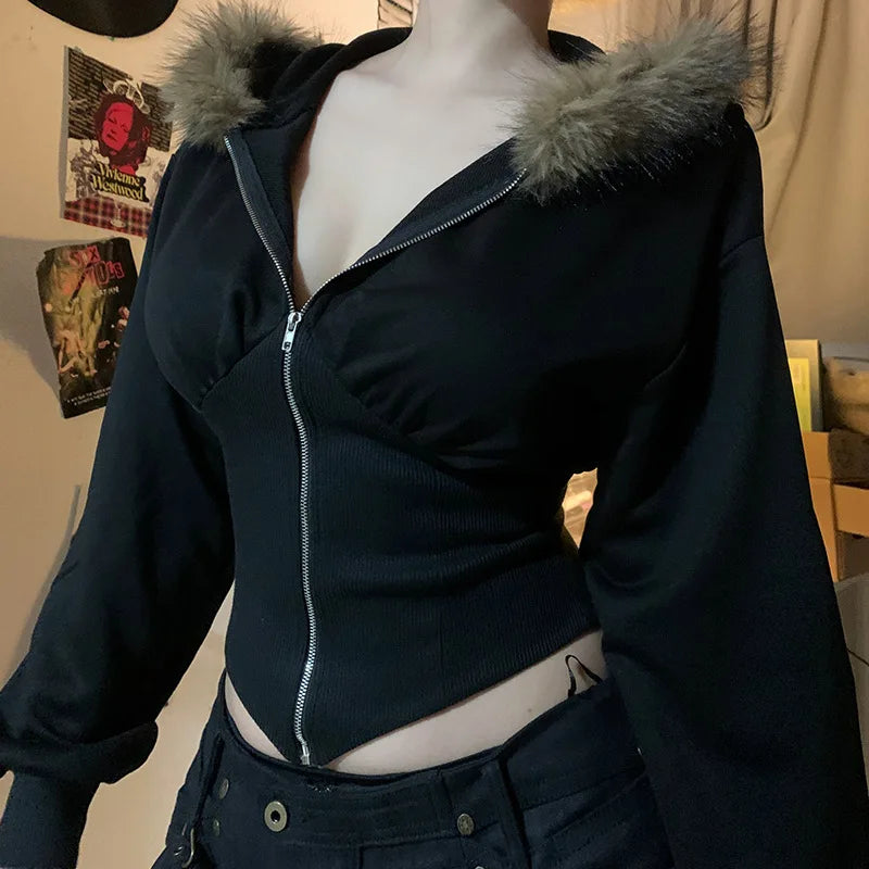 Hnewly y2k Jacket Women Punk Gothic Clothes Solid Color Fur Collar Zip Up Long Sleeve Coat 2000s Grunge Clothing Streetwear