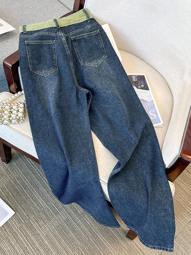 Hnewly  Large Size High Waist Jeans  Women  New Autumn Loose Drawstring Wide Leg Pant Fashion Splice Versatile Straight Leg Denim Pants