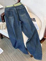 Hnewly  Large Size High Waist Jeans  Women  New Autumn Loose Drawstring Wide Leg Pant Fashion Splice Versatile Straight Leg Denim Pants