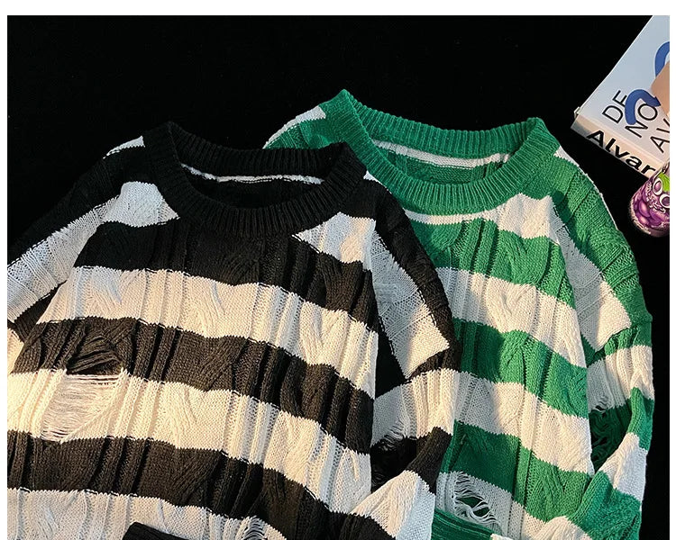Hnewly  Women Striped Retro Knitted Sweater Spring Autumn Loose Versatile Pullover Casual Fashion Holes Round Neck Long Sleeved Top