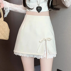 Hnewly  Sweet Style Bow Tie Short A-Line Skirt Women Lace Spliced Split Suit Skirt Female Stylish Office Lady Commute Hip Skirts Mujer