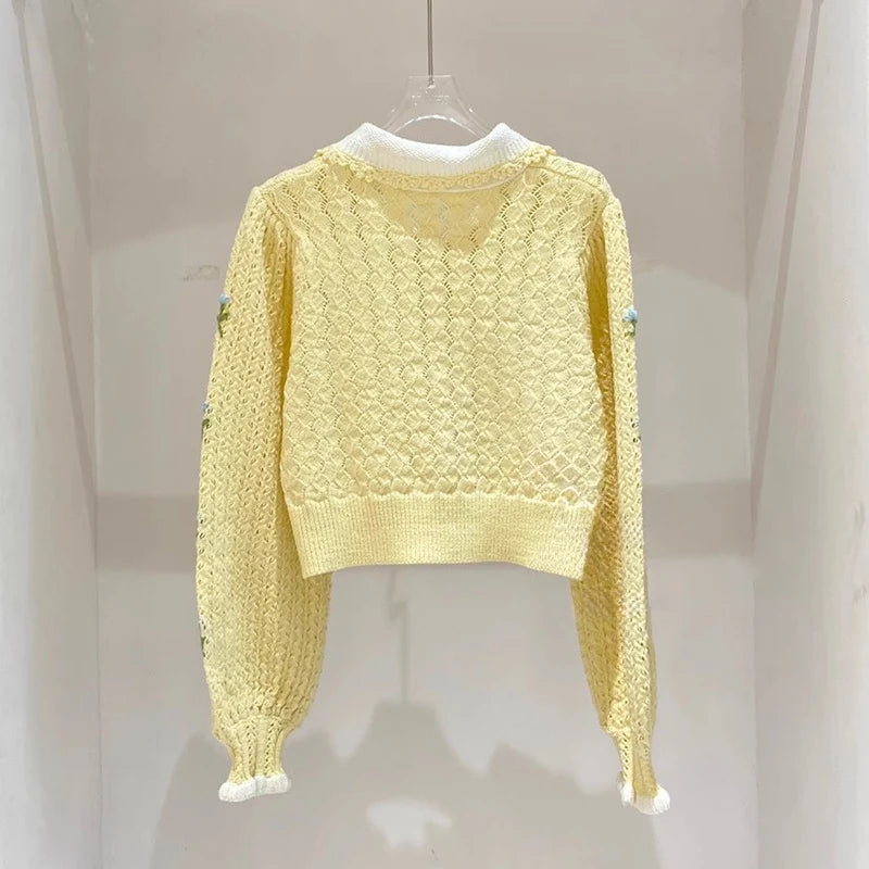 Hnewly  Embroidered Floral Pointelle Knit Cardigan Women Collared Button-up Openwork Sweater Jacket Cute Teen-girl Fairycore Clothes