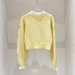 Hnewly  Embroidered Floral Pointelle Knit Cardigan Women Collared Button-up Openwork Sweater Jacket Cute Teen-girl Fairycore Clothes