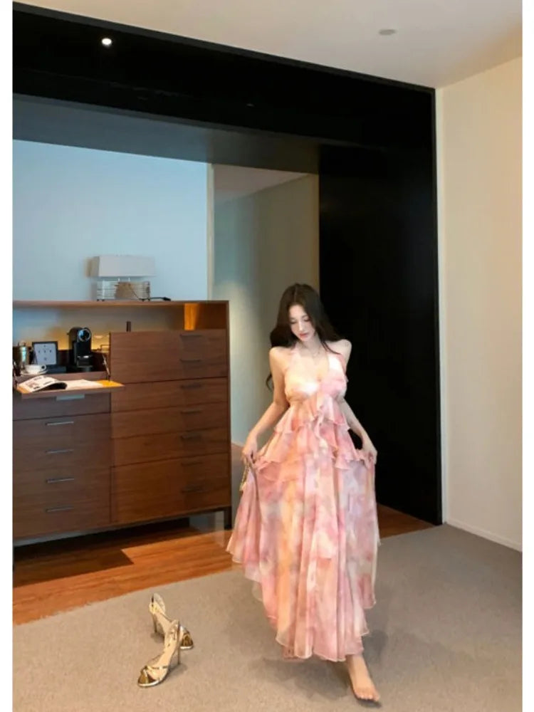 Hnewly  Dresses Women Ruffles Patchwork Sleeveless Halter Tie Dye Slim Summer Fashion Elegant Temperament Dress Party Holiday