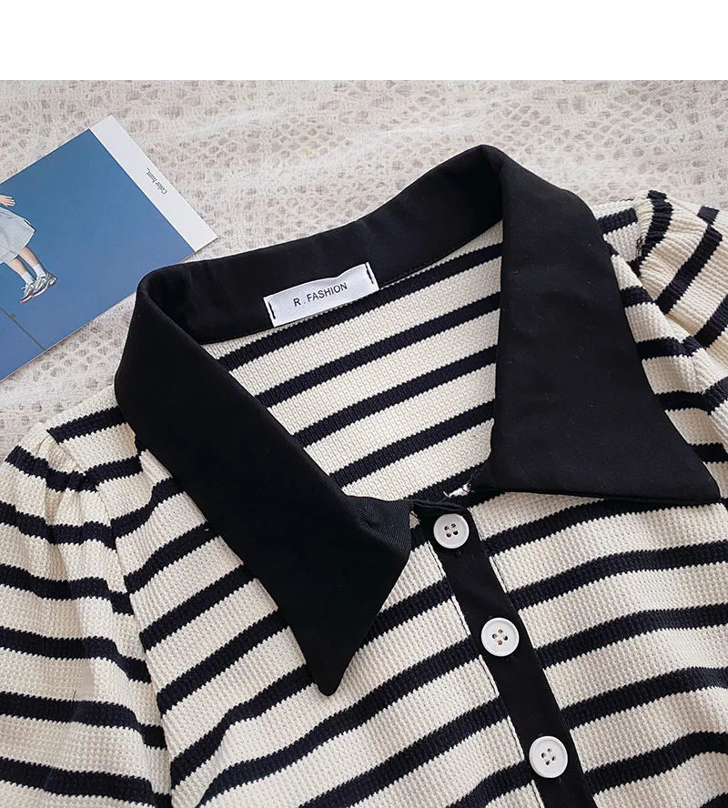 Hnewly Korean Contrast Stripe T-shirt Cardigan 2025 New Summer Women's Commuting Fashion Buttons Lapel Shirt Slim Versatile Top Trend