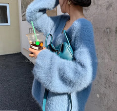 Hnewly  Fuzzy Mohair Knit Sweater Pullover Women Cozy Long Sleeve V-Neck Plain Jumper Soft Knitwear Teen-girl Fall Winter Casual Outfit