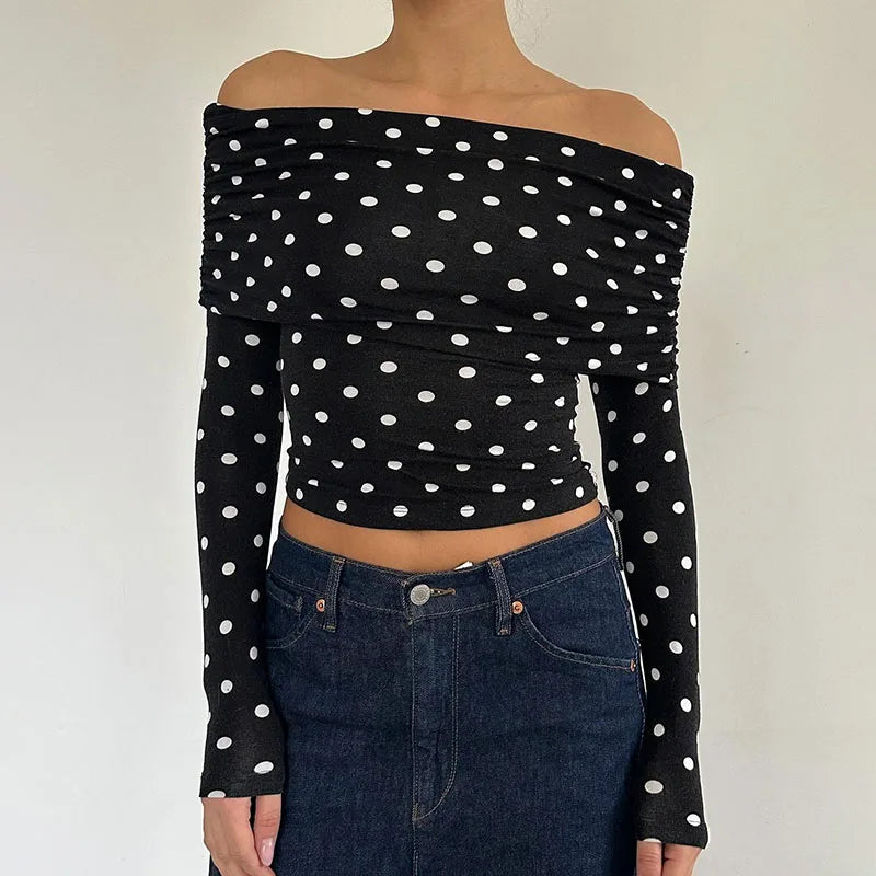 Hnewly Vintage Elegant Off-shoulder T-shirt Women Casual Full Sleeve Skinny Shirt for Summer Streetwear Basic Tees y2k Aesthetic