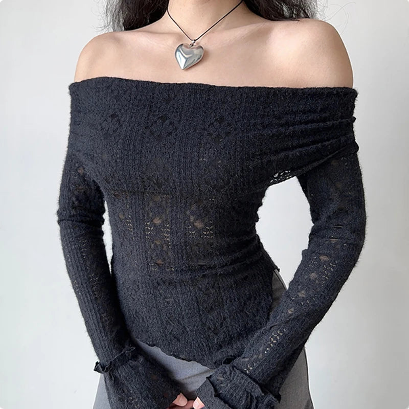 Hnewly y2k Lace Top Women Coquette Clothing See Through Off Shoulder Long Sleeve T Shirt 2000s Fairycore Clothes Streetwear