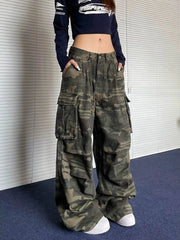 Hnewly  Vintage American Retro Camo Cargo Pants Men Women Loose Fit Wrinkle Pocket Streetwear Hip Hop Wide Leg Denim Trousers