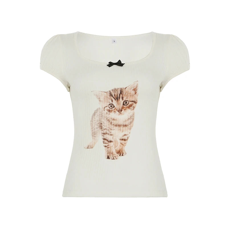 Hnewly Cute Animal Print Crop Top Bow Stitching Square Collar Short Sleeve T-shirt Women Vintage White Skinny Knitted Tee Summer