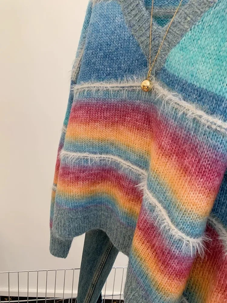 Hnewly  Rainbow Striped V-neck Sweater Women Spring  Autumn New Loose Long Sleeved Knitted Top Korean Version Soft Versatile Pullover