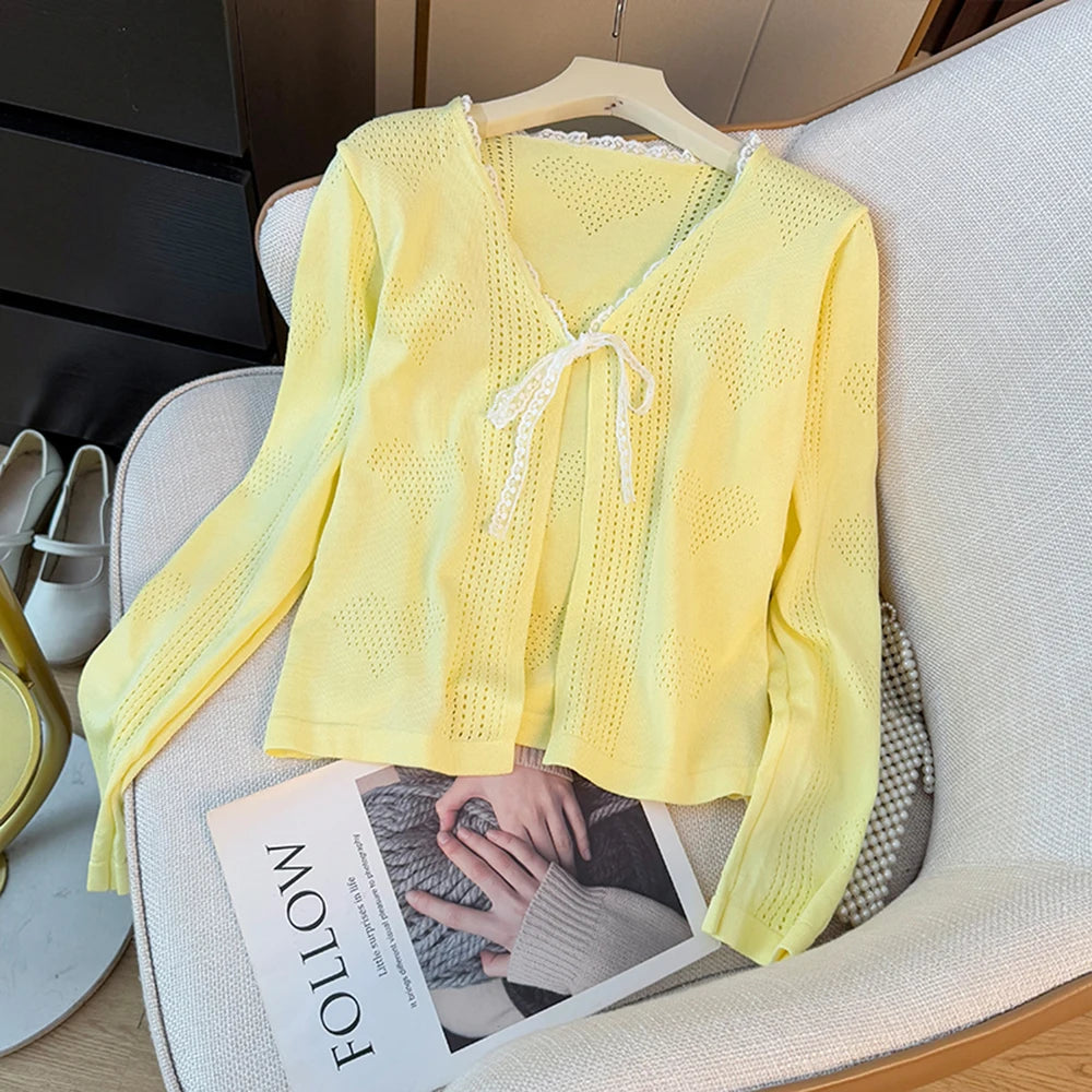 Hnewly  Sweet Lace Trim Heart Hollow Knit Cardigan Women's V-Neck Long Sleeve Early Autumn Bow Tie Loose Fit Female Short Tops