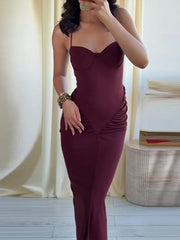 Hnewly  Sexy Spaghetti Strap Maxi Dresses Women's Waist-cinching Hip-wrap Ankle-length Dress New Ladies Spring Summer Solid Outwear