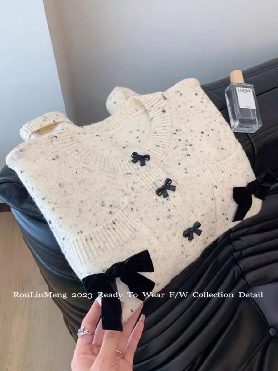 Hnewly  Korean Spring Autumn Bow Sweater  Single Breasted O-Neck  Chic Dot Knitted Cardigans Fashion Casual Long Sleeve Outerwear Top