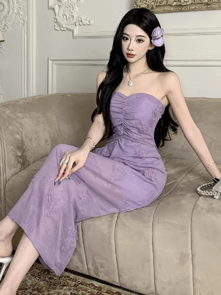 Hnewly  Woman Dress Sweet Sexy Strapless Flowers Slim Backless Vintage Elegant Summer Fashion Party Female Dresses Casual