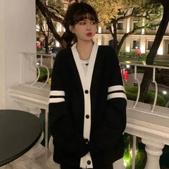 Hnewly  Varsity Cardigan Sweater for Women Long Sleeve V-Neck Button-up Knit Slouchy Cardi Korean School-girl Preppy Fall Winter Outfit