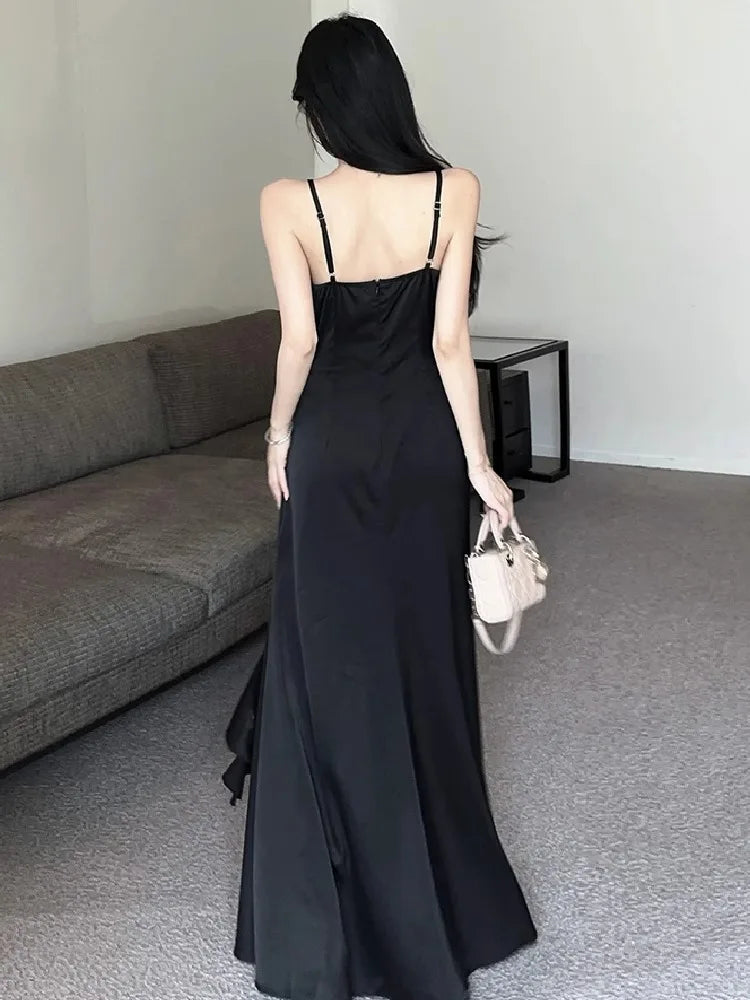 Hnewly  Women Dress Sexy V Neck Sleeveless Backless Ruffles Ribbon Backless Elegant Temperament Party Dresses Ladies Fashion