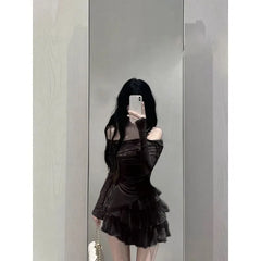 Hnewly  Sweet Sexy Off Shoulder Slim Fit Long Sleeve Tops Women+ Y2k High Waist Ruched Cake Skirts 20264 Summer New Two Piece Sets