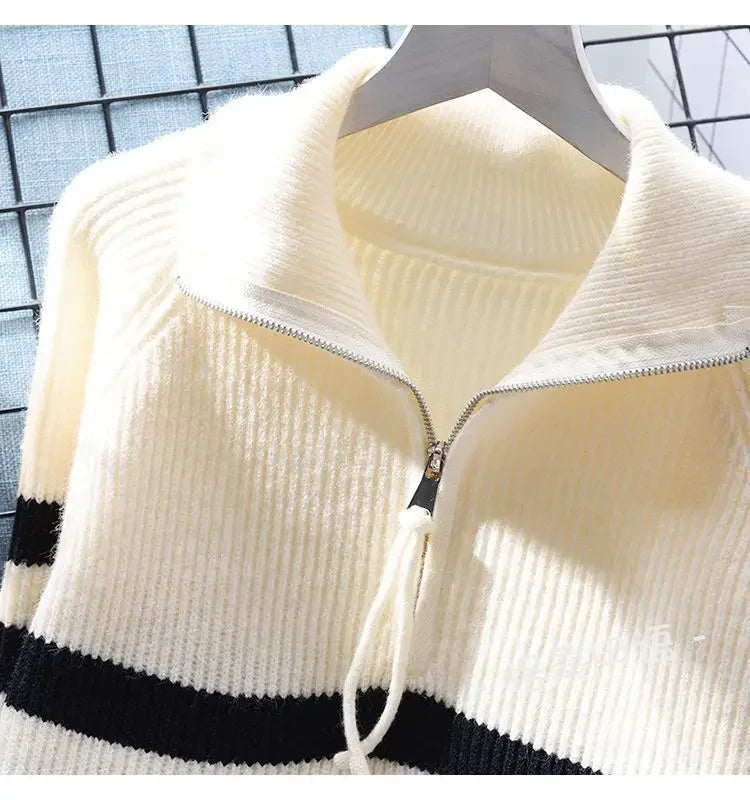 Hnewly  Half Zipper Stripe Pullover Sweater  Women Loose Knitted Base Shirt  2025 Spring /Autumn Japanese Style Long Sleeve Pullover Top