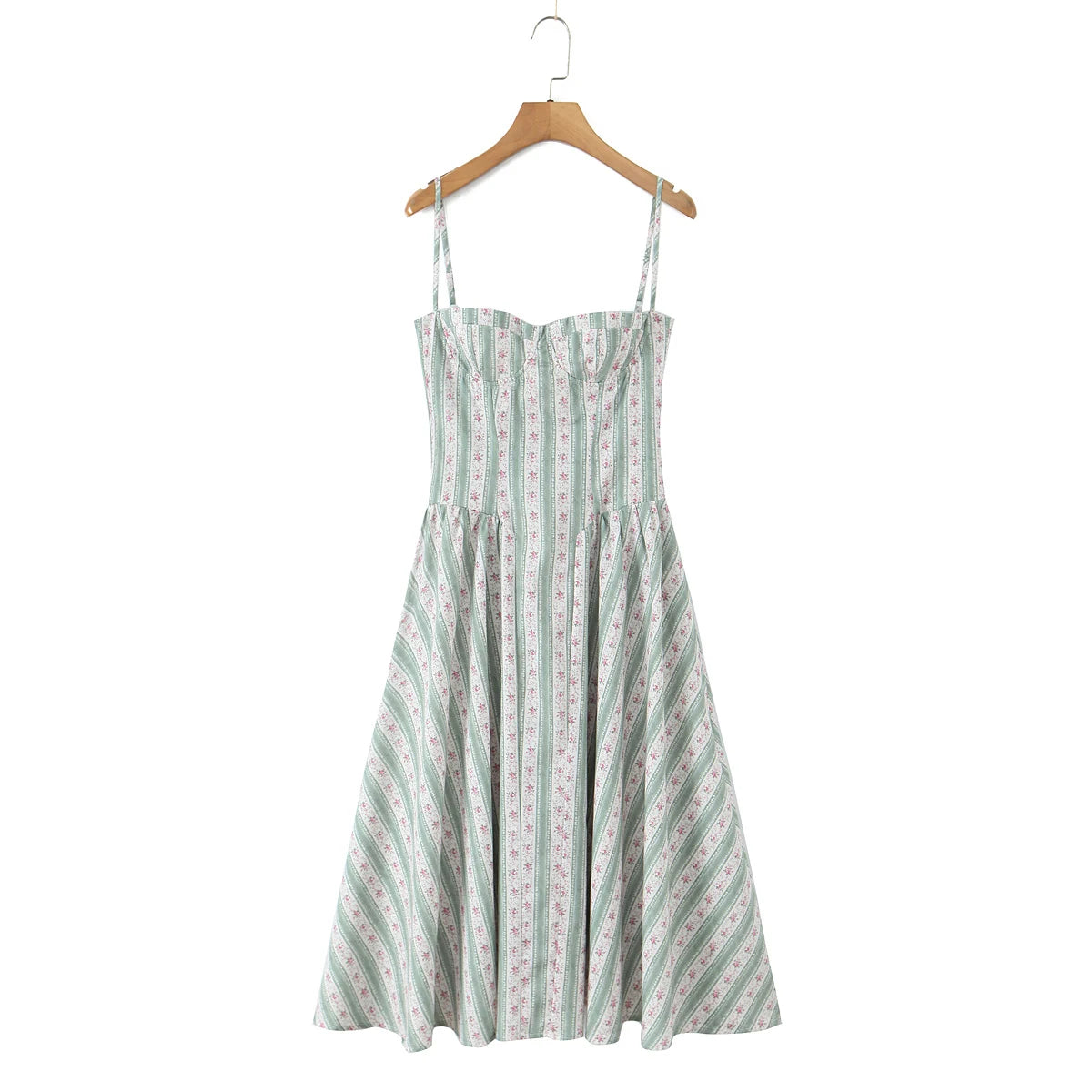 Hnewly  Striped Floral Print Bra with Wire Corset Style Sling Dress Women Low Waist Ruched Pleated Swing Midi Long Dresses Robe